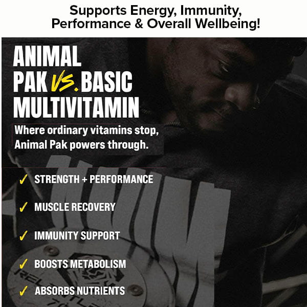 A promotional graphic compares Animal Pak - Multivitamin for Men & Women to a basic multivitamin, highlighting strength, muscle recovery, immune support, metabolism, and nutrient absorption. A muscular person holds the container, emphasizing overall wellbeing.