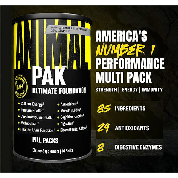 A canister of Animal Pak - Multivitamin for Men & Women is shown. The text highlights 85 ingredients, 29 antioxidants, and 8 digestive enzymes to support strength, energy, immunity, and muscle building.