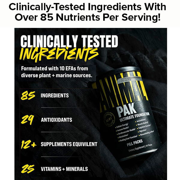 A container of Animal Pak - Multivitamin for Men & Women rests on black cloth, with text above: Clinically-Tested Ingredients, Over 85 Nutrients Per Serving—antioxidants, vitamins, and minerals included.