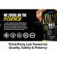 A hand holds a container of Animal Pak - Multivitamin for Men & Women beside bold text stating "We focus on the science," with certification logos and "Third-Party Lab Tested for Quality, Safety & Potency," emphasizing immune support.