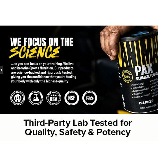 A hand holds a container of Animal Pak - Multivitamin for Men & Women beside bold text stating "We focus on the science," with certification logos and "Third-Party Lab Tested for Quality, Safety & Potency," emphasizing immune support.