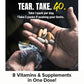 A hand holds several Animal Pak tablets above an open packet, reading TEAR. TAKE. GO. This multivitamin for men & women delivers immune support—take 1 pack daily, or 2 if you’re pushing your limits. 8 supplements in one dose!.
