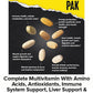 Seven Animal Pak multivitamin tablets are displayed in a circle on a black background, each highlighting benefits like muscle building, immune support, energy, and mental alertness—ideal for both men and women.