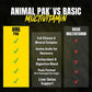 Comparison chart: Animal Pak - Multivitamin for Men & Women offers muscle building, amino acids, antioxidant blend, pack format, and liver support—features not found in Basic Multivitamin.