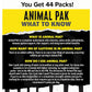 Yellow and black graphic titled “Animal Pak - Multivitamin for Men & Women” covers its ingredients, caffeine content, and suitability for all training levels. Highlights include complete multivitamin support and immune system benefits.