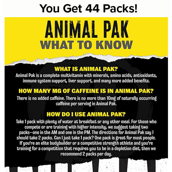 Yellow and black graphic titled “Animal Pak - Multivitamin for Men & Women” covers its ingredients, caffeine content, and suitability for all training levels. Highlights include complete multivitamin support and immune system benefits.