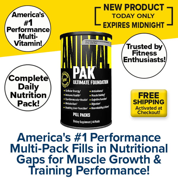 A promotional ad for Animal Pak - Multivitamin for Men & Women shows the canister with text highlighting muscle building, immune support, free shipping, and endorsements from fitness enthusiasts.