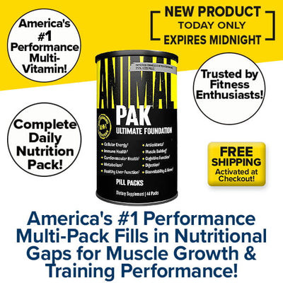 A promotional ad for Animal Pak - Multivitamin for Men & Women shows the canister with text highlighting muscle building, immune support, free shipping, and endorsements from fitness enthusiasts.