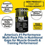 A promotional ad for Animal Pak - Multivitamin for Men & Women shows the canister with text highlighting muscle building, immune support, free shipping, and endorsements from fitness enthusiasts.