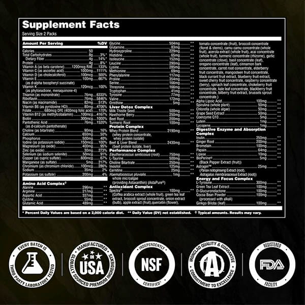 Animal Pak - Multivitamin for Men & Women features a Supplement Facts label with vitamins, minerals, amino acids, and proprietary blends per serving above five certification icons. Black background. Perfect for balanced health support.