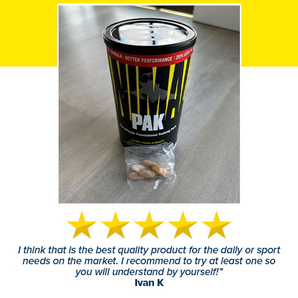 A can of Animal Pak - Multivitamin for Men & Women sits on a wooden surface with a small bag of tablets in front. Below, a five-star rating and Ivan K’s review praise the product’s quality and immune support.
