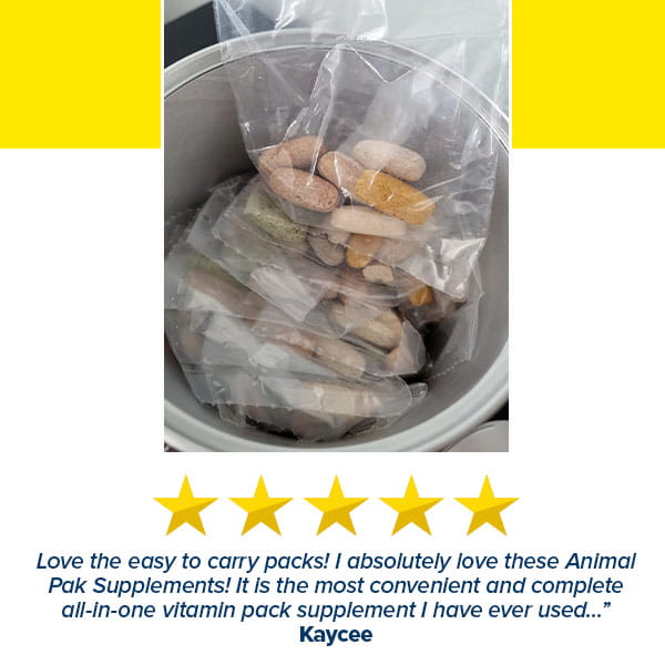 A container of Animal Pak - Multivitamin for Men & Women, with clear packs holding assorted vitamins for immune support, is shown above a five-star rating and a review highlighting the packs’ convenience.