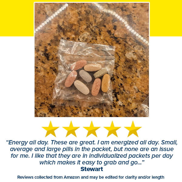 A small clear bag of Animal Pak multivitamin pills for men and women in various colors rests on a granite counter. Below, a five-star review highlights the convenient packets and noticeable energy boost.
