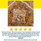A small clear bag of Animal Pak multivitamin pills for men and women in various colors rests on a granite counter. Below, a five-star review highlights the convenient packets and noticeable energy boost.