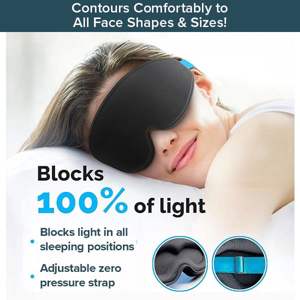 A woman lies on a pillow wearing the Blackout Sleep Mask, a black 3D contoured mask with blue adjustable straps. Text highlights that this sleep mask blocks 100% of light and features an adjustable, pressure-free strap for optimal comfort.
