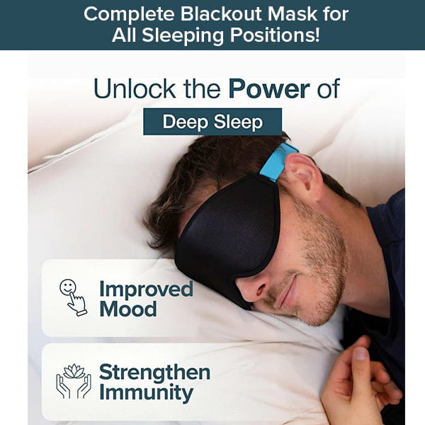 A man lies on his side in bed wearing the Blackout Sleep Mask, a black 3D contoured mask with blue straps. Text highlights the mask’s benefits: improved mood and strengthened immunity.