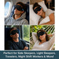 Four people in different settings wear the Blackout Sleep Mask: on a plane, in bed, on a train, and relaxing in a hammock. Text below highlights the Blackout Sleep Mask as the perfect choice for all types of sleepers, frequent travelers, and night shift workers.