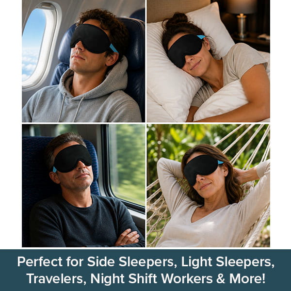 Four people in different settings wear the Blackout Sleep Mask: on a plane, in bed, on a train, and relaxing in a hammock. Text below highlights the Blackout Sleep Mask as the perfect choice for all types of sleepers, frequent travelers, and night shift workers.