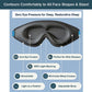 The Blackout Sleep Mask is displayed, featuring a black 3D contoured design with deep eye contours. Highlighted features include zero eye contact, excellent light blocking, breathable and lightweight materials, suitability for side sleepers, minimized sleep creases, and an adjustable strap.