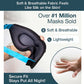 A person holds the Blackout Sleep Mask, featuring blue straps. Text emphasizes its soft, breathable, and lightweight fabric, a secure fit, and notes that over one million Blackout Sleep Masks have been sold. A hand presses on its soft white surface, highlighting the mask’s comfort and superior light-blocking design.
