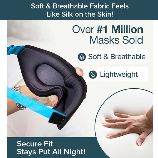 A person holds the Blackout Sleep Mask, featuring blue straps. Text emphasizes its soft, breathable, and lightweight fabric, a secure fit, and notes that over one million Blackout Sleep Masks have been sold. A hand presses on its soft white surface, highlighting the mask’s comfort and superior light-blocking design.