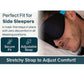 A man lies on his side wearing the Blackout Sleep Mask, featuring a black 3D contoured design with a blue adjustable strap. The text highlights its secure fit and superior comfort for side sleepers, making it the ideal blackout sleep mask for undisturbed rest.