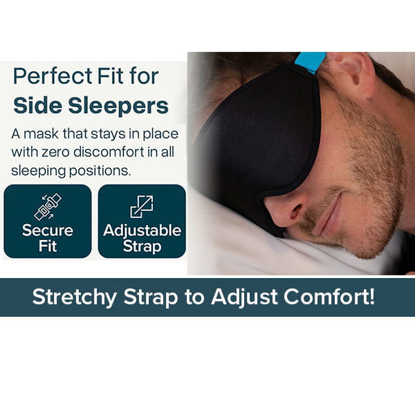 A man lies on his side wearing the Blackout Sleep Mask, featuring a black 3D contoured design with a blue adjustable strap. The text highlights its secure fit and superior comfort for side sleepers, making it the ideal blackout sleep mask for undisturbed rest.
