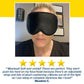 A woman wearing the Blackout Sleep Mask, accompanied by a five-star review from Meadow C. highlighting its comfort and exceptional light-blocking qualities.