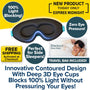 Experience total darkness with the Blackout Sleep Mask, designed with 3D contoured deep eye cups for zero pressure—ideal for side sleepers. This mask is labeled as 100% light blocking and includes free shipping and a convenient travel bag. The image displays a person comfortably wearing the Blackout Sleep Mask in bed.