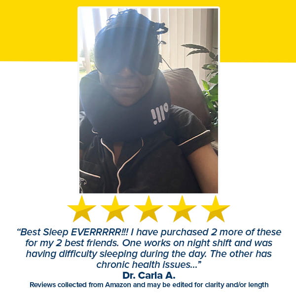 A smiling person wearing the Blackout Sleep Mask, a travel neck pillow, and pajamas sits on a couch. Below, there’s a 5-star review from Dr. Carla A. praising the Blackout Sleep Mask for helping with sleep issues.