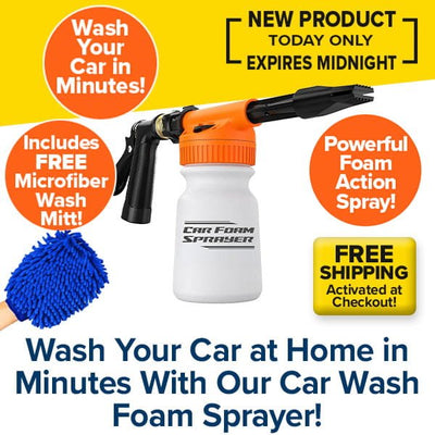 The Car Wash Foam Sprayer features an orange nozzle, white bottle, and blue microfiber mitt. Enjoy spot-free results when washing your car at home in minutes. Free shipping and new product offer available!.