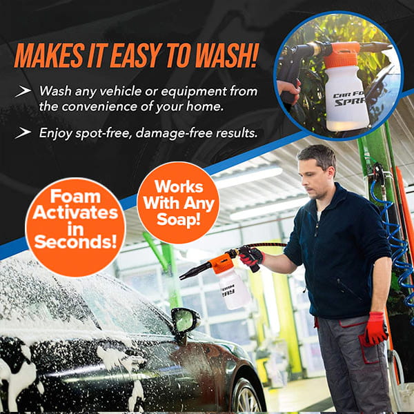 A man uses a Car Wash Sprayer With 25 Foot Expandable Garden Hose to wash a black car in the garage. The text highlights easy washing, fast foam activation, and compatibility with any soap as the car is covered in thick white foam.