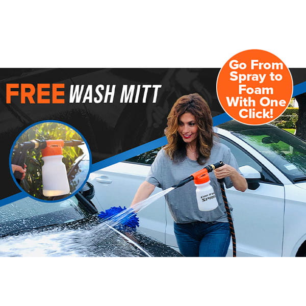 A woman uses the Car Wash Sprayer With 25 Foot Expandable Garden Hose, spraying foam onto a car with the orange-topped nozzle. Text reads “FREE WASH MITT” and “Go From Spray to Foam With One Click!” An inset features a close-up of the Foam Sprayer bottle.
