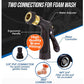 Introducing the Car Wash Sprayer With 25 Foot Expandable Garden Hose—a black hose nozzle featuring labeled parts including a water adjuster, ergonomic handle, water controller, 3/8” connector, 360° brass connector, and NPT 3/4” filter. With two connection options for foam washing, it’s the perfect addition to your Car Wash Sprayer setup or Foam Sprayer system.