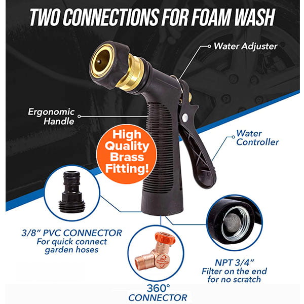 Introducing the Car Wash Sprayer With 25 Foot Expandable Garden Hose—a black hose nozzle featuring labeled parts including a water adjuster, ergonomic handle, water controller, 3/8” connector, 360° brass connector, and NPT 3/4” filter. With two connection options for foam washing, it’s the perfect addition to your Car Wash Sprayer setup or Foam Sprayer system.