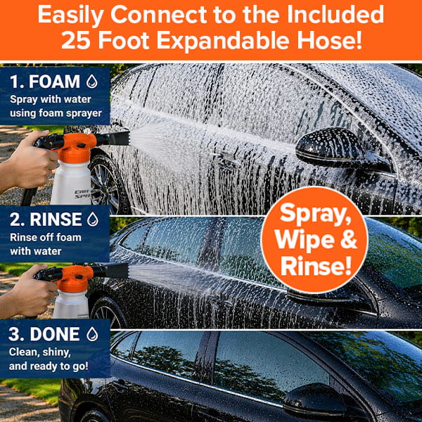 Three steps illustrate a black car being cleaned with the Car Wash Sprayer With 25 Foot Expandable Garden Hose: spraying thick suds, rinsing with water, and revealing a spotless finish. The text reads, Easily connect to the included 25 foot expandable garden hose! and Spray, Wipe & Rinse!.