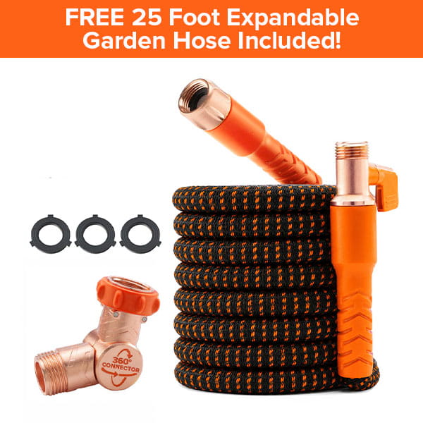 Car Wash Sprayer With 25 Foot Expandable Garden Hose—features a coiled black and orange expandable hose, an orange spray nozzle, three black washers, and a durable metal 360° connector. The orange background highlights text announcing "FREE 25 Foot Expandable Garden Hose Included!" making it perfect for use as a car wash sprayer or foam sprayer for effortless cleaning.