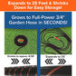 The Car Wash Sprayer With 25 Foot Expandable Garden Hose is displayed on green grass, coiled at a compact 8.58 feet and fully extended to 25 feet. Its black design with orange stripes highlights its expandability and easy storage—making it ideal for use with a foam sprayer or as part of your versatile outdoor cleaning setup.