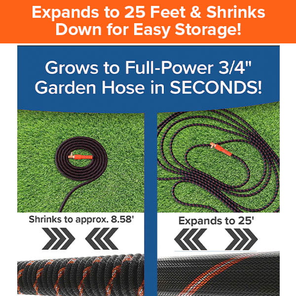 The Car Wash Sprayer With 25 Foot Expandable Garden Hose is displayed on green grass, coiled at a compact 8.58 feet and fully extended to 25 feet. Its black design with orange stripes highlights its expandability and easy storage—making it ideal for use with a foam sprayer or as part of your versatile outdoor cleaning setup.