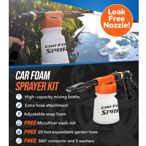 The Car Wash Sprayer With 25 Foot Expandable Garden Hose includes a mixing bottle, hose attachment, soap foam adjuster, and several free accessories. Its leak-free nozzle ensures easy and efficient cleaning, and it is compatible with any expandable garden hose for added convenience.