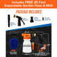 Image showing the Car Wash Sprayer With 25 Foot Expandable Garden Hose kit featuring a hose, spray tips, quick connector, wash mitt, brush, and clearly labeled measurements. Bold text emphasizes that a free 25 ft expandable garden hose and mitt are included in the package—offering a complete car wash sprayer solution for all your vehicle’s cleaning needs.