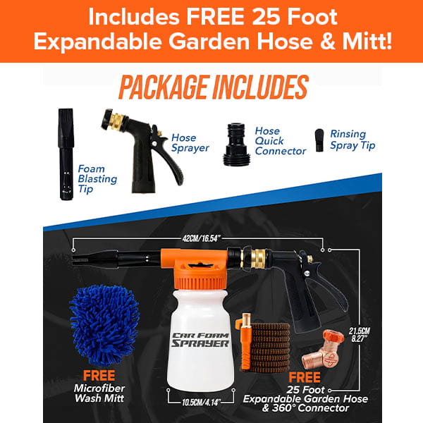 Image showing the Car Wash Sprayer With 25 Foot Expandable Garden Hose kit featuring a hose, spray tips, quick connector, wash mitt, brush, and clearly labeled measurements. Bold text emphasizes that a free 25 ft expandable garden hose and mitt are included in the package—offering a complete car wash sprayer solution for all your vehicle’s cleaning needs.