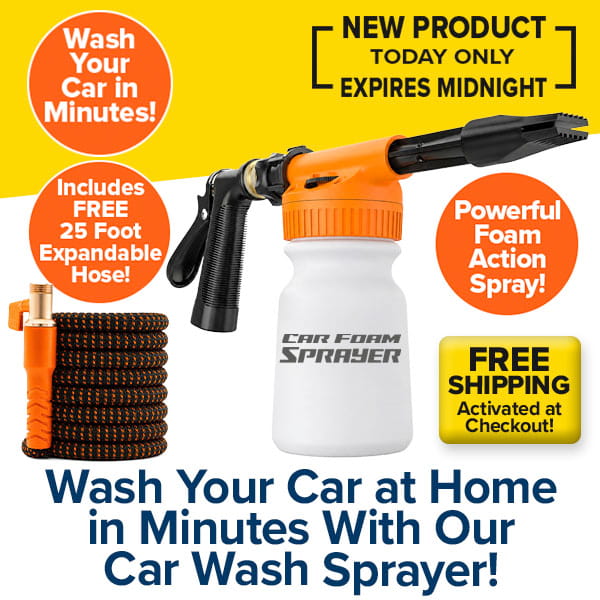 Car Wash Sprayer With 25 Foot Expandable Garden Hose, shown with promotional text: “Wash your car in minutes!” “Powerful foam spray!” “Free shipping,” and “New product, expires midnight.”.