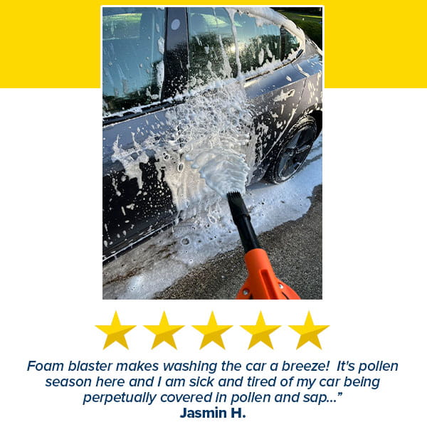 The Car Wash Sprayer With 25 Foot Expandable Garden Hose coats a black car in thick, soapy foam. Five gold stars and a positive review from Jasmin H. highlighting its effectiveness at removing pollen and sap are displayed below the image.