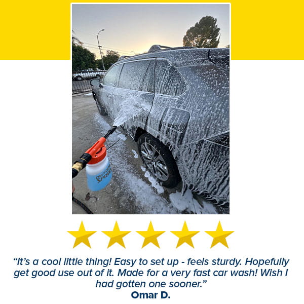 A black SUV is being washed with rich foam using the Car Wash Sprayer With 25 Foot Expandable Garden Hose. Five gold stars and a positive customer review are displayed below the photo.
