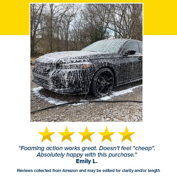 A black car, enveloped in thick white foam, sits on a gravel driveway with bare trees in the background—showcasing a deep clean achieved with the Car Wash Sprayer With 25 Foot Expandable Garden Hose. Below the image, a review text and five-star rating are featured.