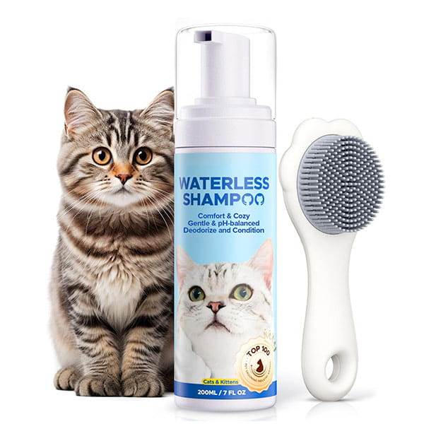 A fluffy tabby cat sits beside a bottle of Cat Waterless Shampoo with Brush, featuring a cat image on the label and a white silicone brush with gray bristles.