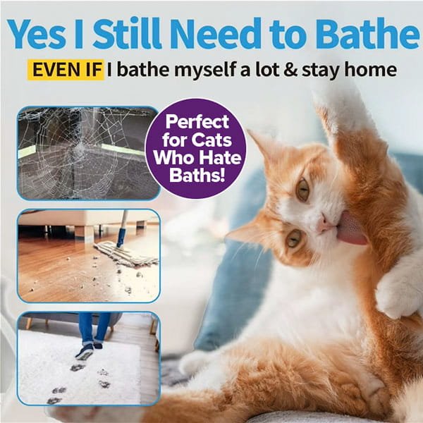 A cat licks its paw beside text: Yes I Still Need to Bathe EVEN IF I bathe myself & stay home. Dirty shoes and muddy paw prints appear too. Perfect for Cats Who Hate Baths—try Cat Waterless Shampoo with Brush!.