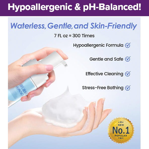 A person pumps foam from a Cat Waterless Shampoo with Brush bottle onto their hand. Text highlights it as hypoallergenic, gentle, effective, and stress-free, featuring a “No.1 Popular” badge and a purple “Hypoallergenic & pH-Balanced!” banner.