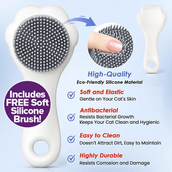 The Cat Waterless Shampoo with Brush is displayed—a white silicone brush with soft bristles and a circular surface. Text highlights its gentle, antibacterial, hypoallergenic features, easy cleaning, durability, and compatibility with cat shampoo. A hand shows its soft texture.